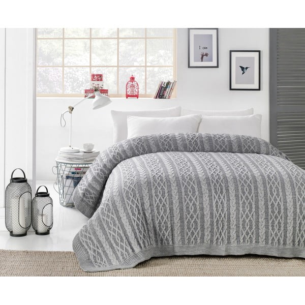 Copriletto grigio con maglia in misto cotone, 220 x 240 cm - Homemania Decor