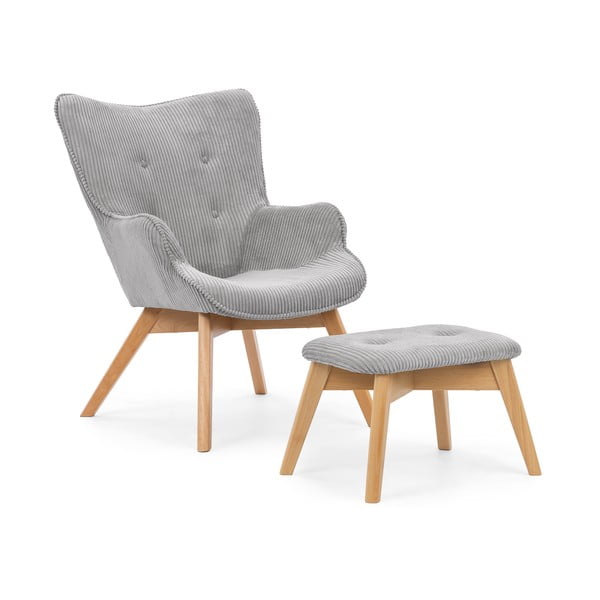 Poltrona con poggiapiedi grigia con rivestimento in velluto a coste Niko – Ropez