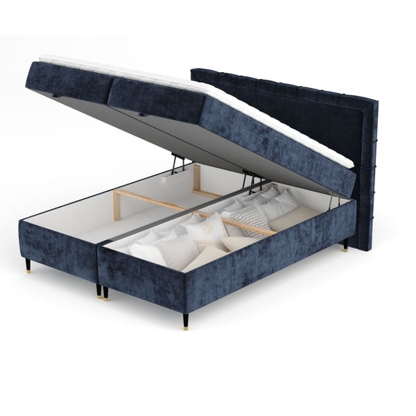 Letto boxspring blu scuro con spazio contenitivo 200x200 cm Voyage - Maison de Rêve-image-2
