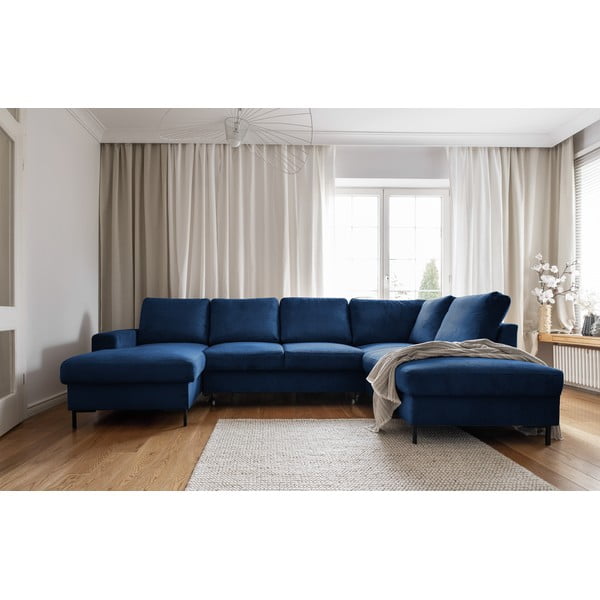 Divano letto angolare in velluto a coste blu scuro (angolo destro) Lofty Lilly - Miuform-image-1