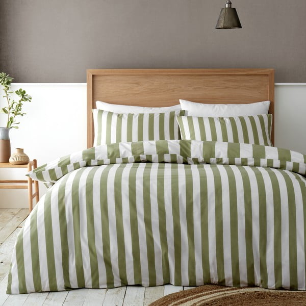 Biancheria da letto matrimoniale verde e crema estesa 230x220 cm Cove Stripe - Catherine Lansfield-image-2