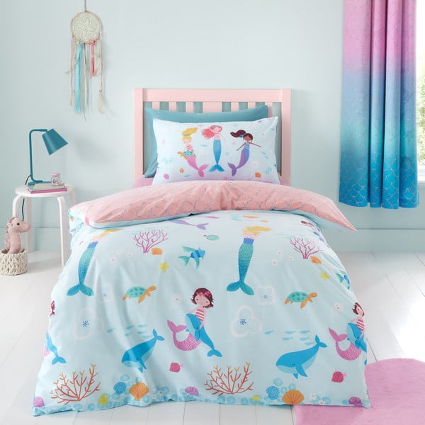 Set copripiumino e federa da bambini blu per letto matrimoniale 200x200 cm Mermaid – Catherine Lansfield-image-1