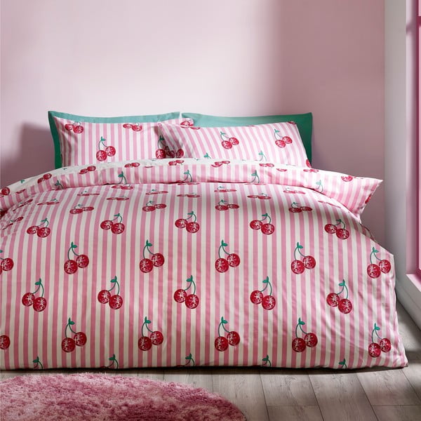 Set copripiumino e federa bianco e rosa per letto matrimoniale 200x200 cm Disco Cherries Stripes – Catherine Lansfield-image-1
