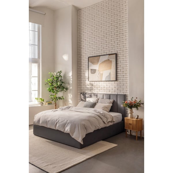 Letto matrimoniale imbottito grigio con contenitore con rete inclusa 160x200 cm Thessa Bold Line – Bonami Selection-image-1
