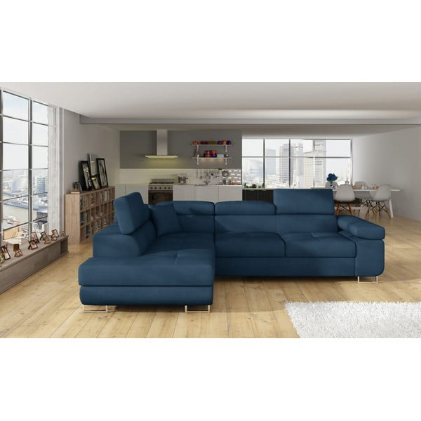 Divano angolare blu allungabile/con contenitore (con penisola a sinistra/a L) e rivestimento in velluto Anton – ELTAP-image-1