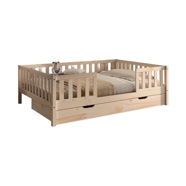 Letto da bambini estraibile di colore naturale in pino massiccio con contenitore con rete inclusa 140x200 cm Dallas – Vipack-image-1