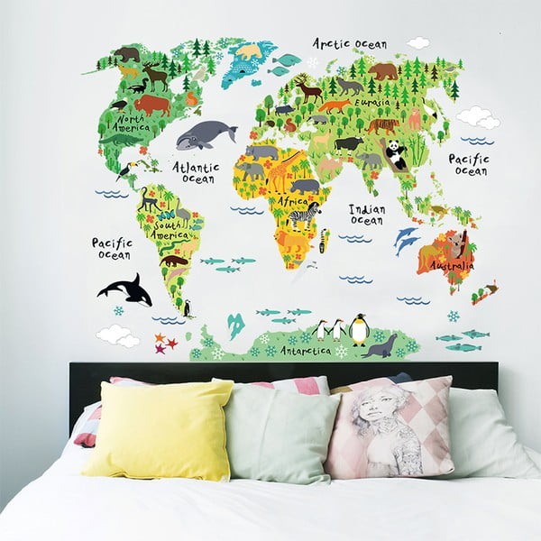 Adesivo murale per bambini Mappa del mondo, 73 x 95 cm Animals of the World - Ambiance