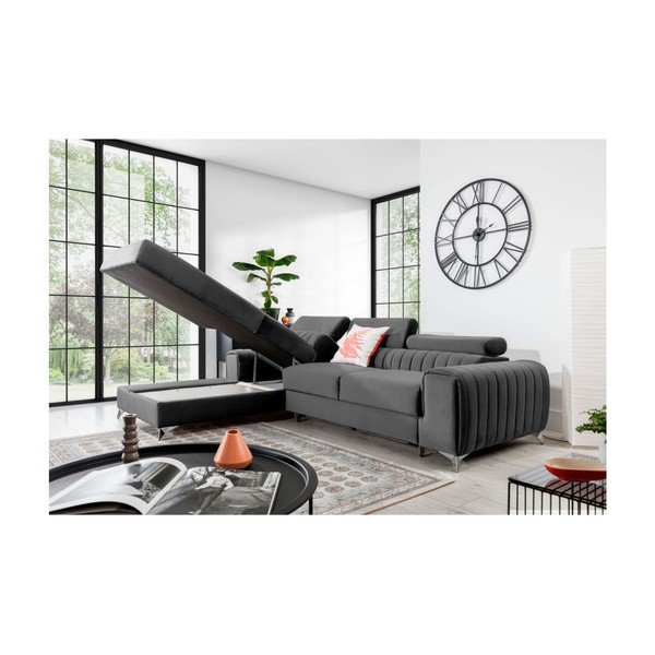 Divano angolare grigio scuro allungabile/con contenitore (con penisola a sinistra/con chaise lounge) e rivestimento in velluto Grayson – ELTAP-image-3
