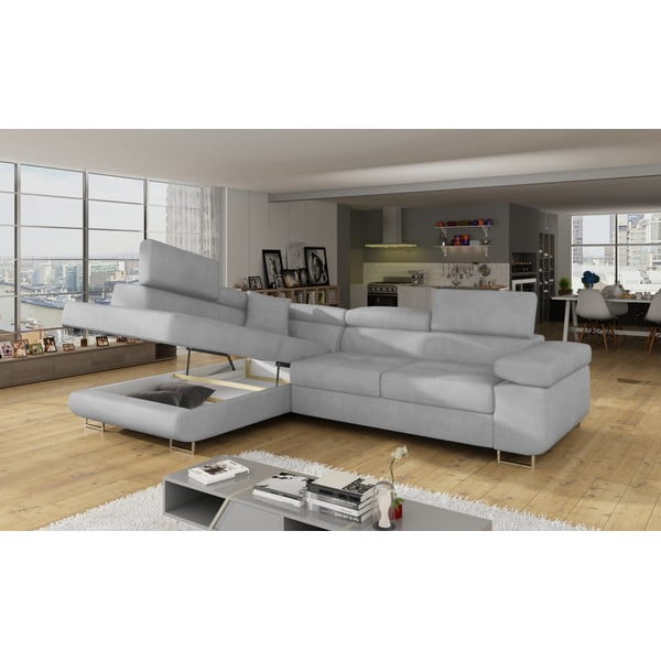 Divano angolare grigio chiaro allungabile/con contenitore (con penisola a sinistra/a L) e rivestimento in velluto Anton – ELTAP-image-4