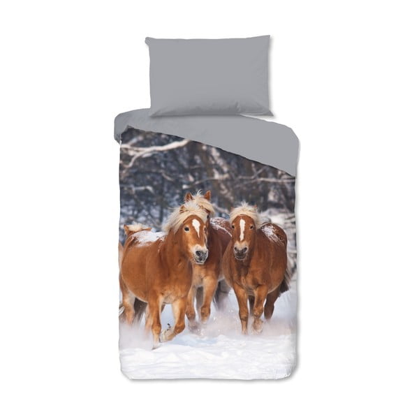 Biancheria da letto per bambini grigia in flanella per letto singolo 140x200 cm Happy Horses – Good Morning