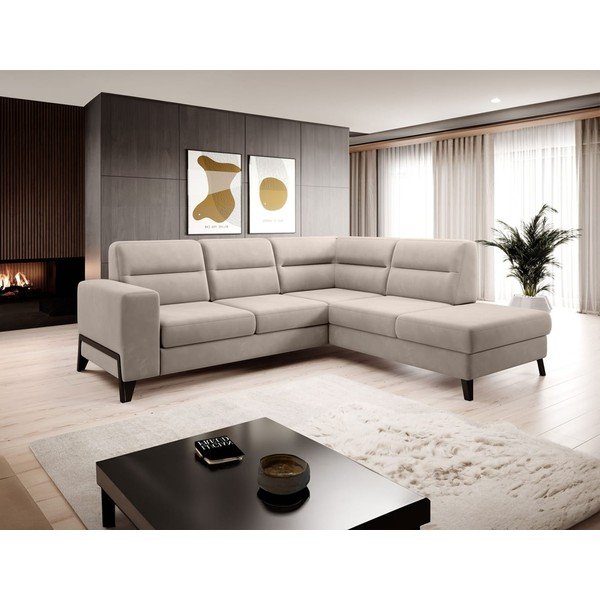 Divano angolare beige allungabile/con contenitore (con penisola a destra/a L) e rivestimento in velluto Cassara – ELTAP-image-1