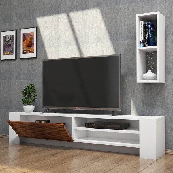 Tavolo TV e mensola a muro bianchi con dettagli in legno di noce Muzzo Pina - Puqa Design-image-1
