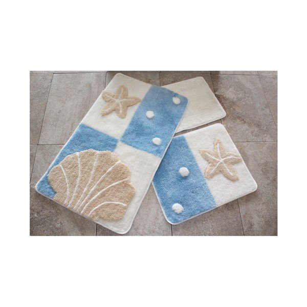 Set di 3 tappeti da bagno blu e beige Leonard - Foutastic-image-2