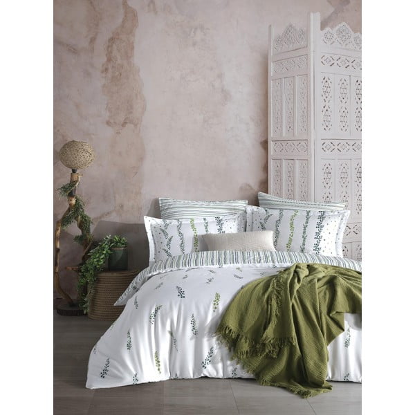 Set copripiumino e federa bianco/verde in raso di cotone per letto matrimoniale ed esteso 240x220 cm Marseille Floral – Mila Home Luxury-image-1