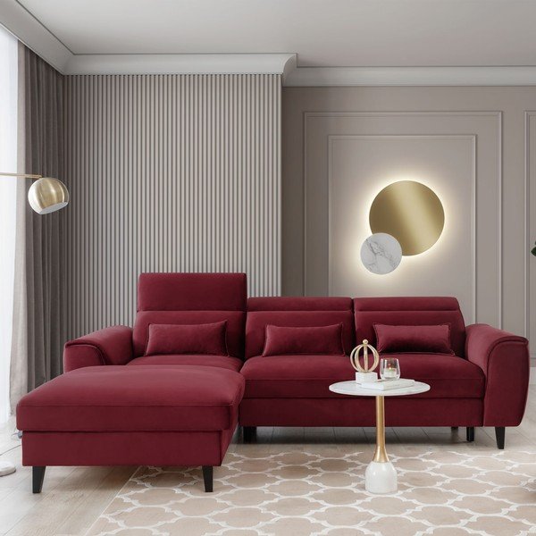 Divano angolare rosso allungabile/con contenitore (con penisola a sinistra/con chaise lounge) e rivestimento in velluto Foble – ELTAP-image-1