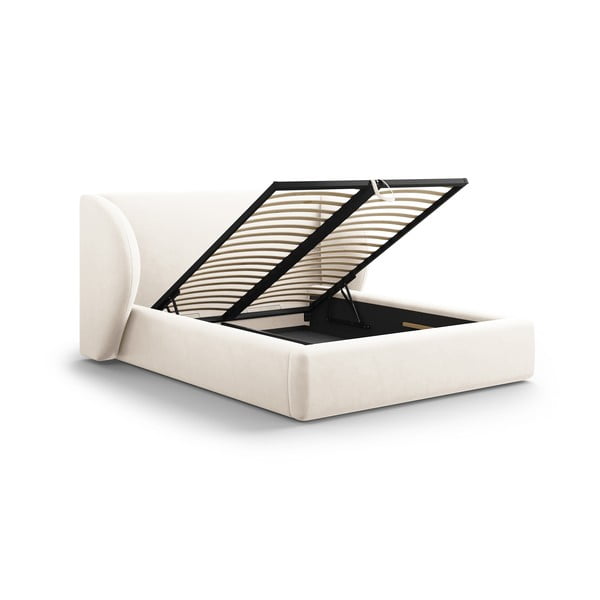 Letto matrimoniale imbottito beige con contenitore con griglia 160x200 cm Miley - Micadoni Home-image-3