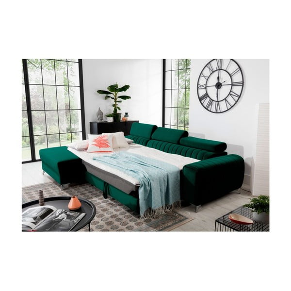 Divano angolare verde allungabile/con contenitore (con penisola a sinistra/con chaise lounge) e rivestimento in velluto Grayson – ELTAP-image-4