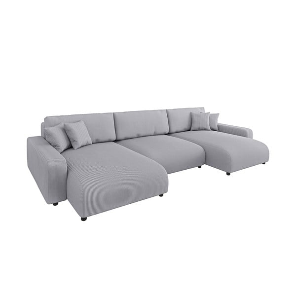 Divano angolare grigio chiaro allungabile/con contenitore (a U) con rivestimento in velluto a coste Sara – Ropez