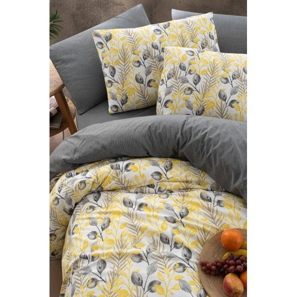 Biancheria da letto gialla/grigia per letto matrimoniale/per letto prolungato con lenzuolo incluso/4 pz 200x220 cm Leaves – Mila Home-image-1