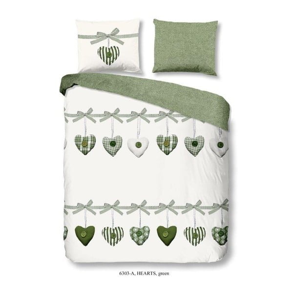 Biancheria da letto matrimoniale in cotone verde e bianco Cuori, 200 x 240 cm - Good Morning