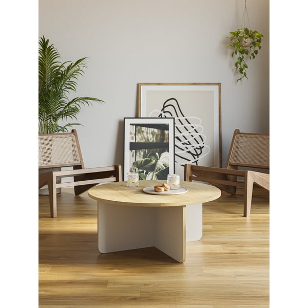 Tavolino da salotto rotondo color crema/di colore naturale con piano effetto rovere ø 80 cm Hillary – Marckeric-image-1
