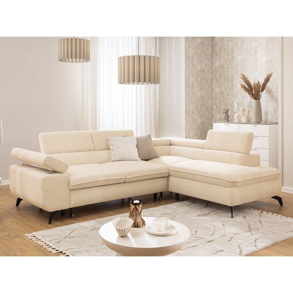 Divano angolare color crema (con penisola a destra/a L) con rivestimento in ciniglia Marbeya  – Ropez-image-1