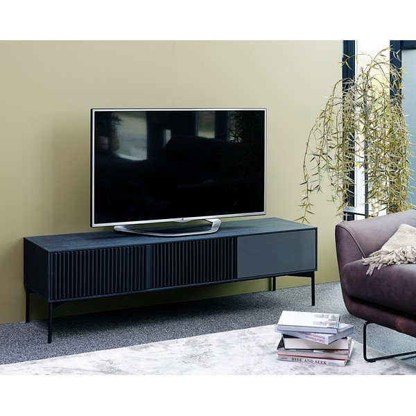 Tavolo TV nero in legno di quercia e struttura in metallo, larghezza 160 cm Oxford - Canett-image-1