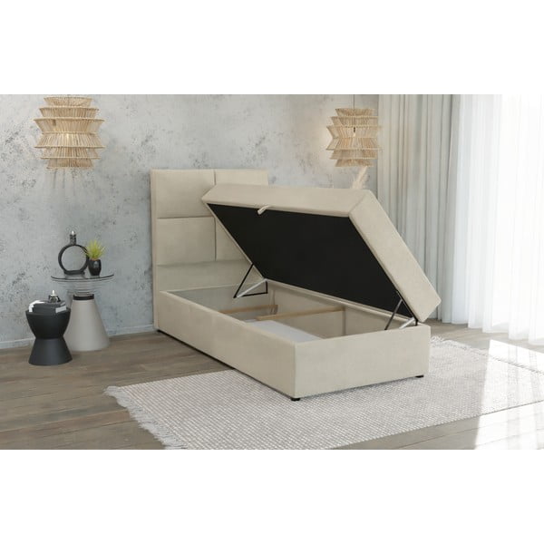 Letto singolo imbottito con contenitore beige con materasso e topper inclusi 80x200 cm Lena – Ropez-image-3