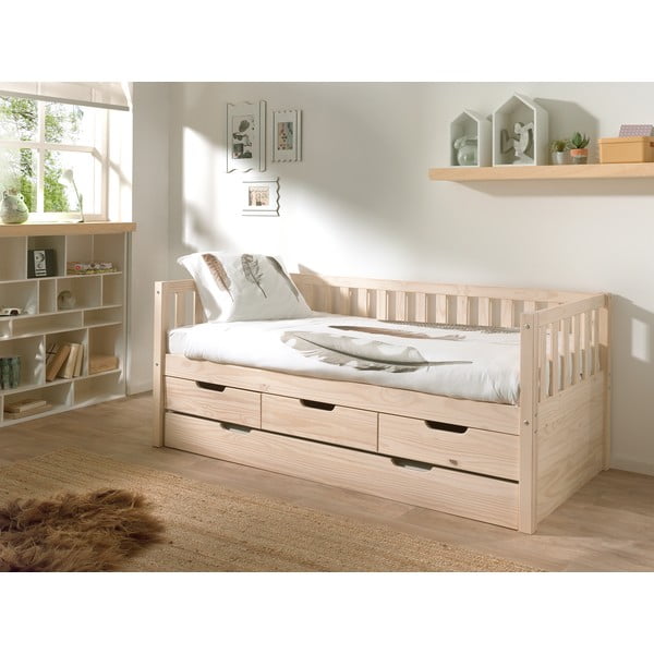 Letto da bambini estraibile di colore naturale in pino massiccio con contenitore con rete inclusa 90x200 cm Fritz – Vipack-image-1