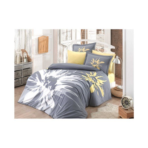 Biancheria da letto in popeline di cotone Ahley con lenzuolo a pieghe, 200 x 220 cm - Mijolnir