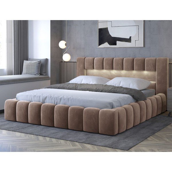 Letto matrimoniale imbottito marrone chiaro con contenitore con rete inclusa 160x200 cm Lamica – ELTAP-image-1