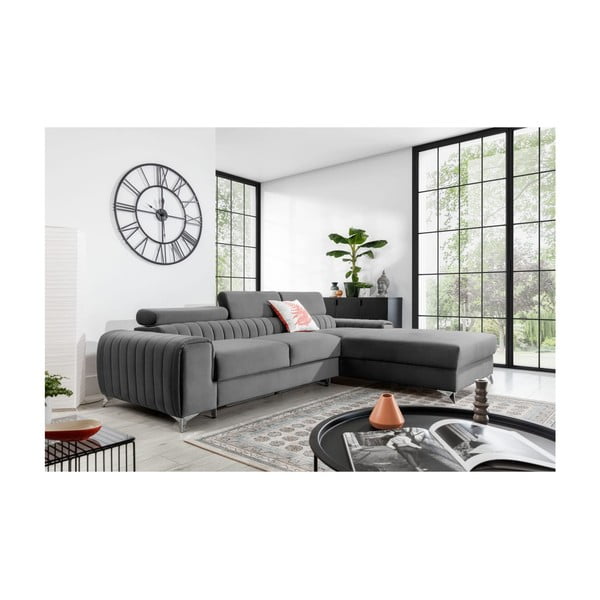 Divano angolare grigio allungabile/con contenitore (con penisola a destra/con chaise lounge) e rivestimento in velluto Grayson – ELTAP-image-1