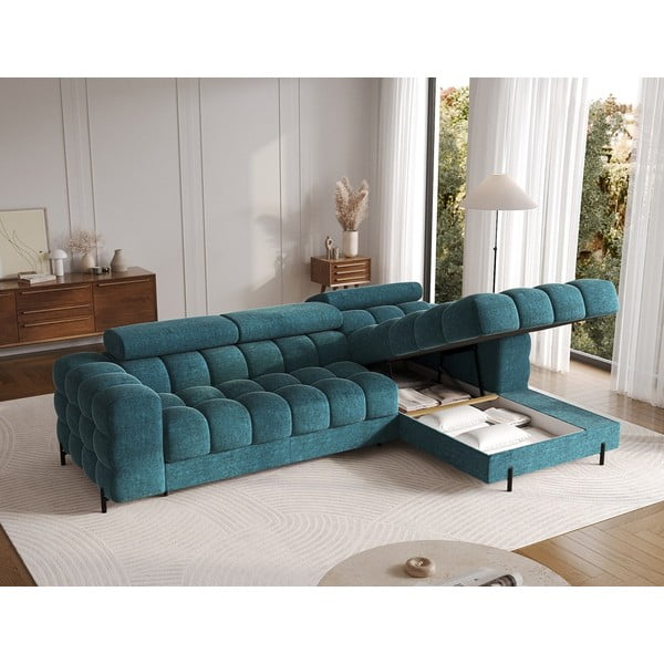 Divano angolare blu allungabile/con contenitore (con penisola a destra/con chaise lounge) con rivestimento in bouclé Felro – ELTAP-image-4