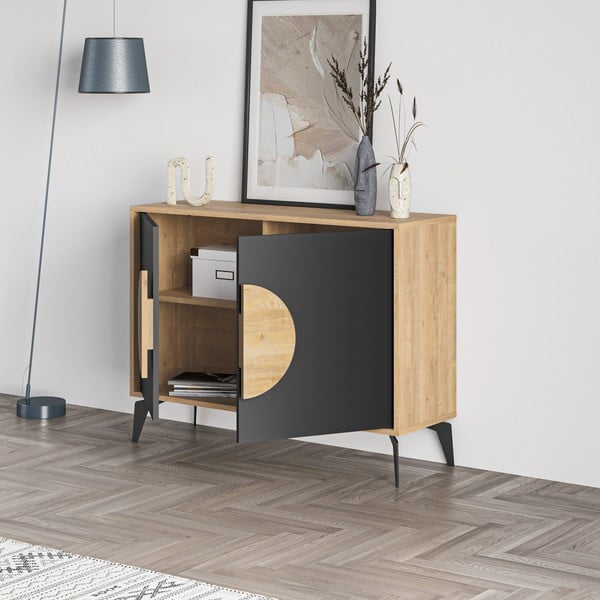 Cassettiera bassa in rovere decorato in nero-naturale 110x82 cm Vae - Marckeric-image-4