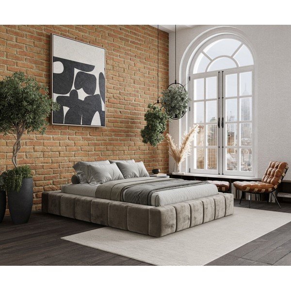 Letto matrimoniale imbottito beige con spazio contenitivo e rete 200x200 cm Aruba L - Maison de Rêve-image-1