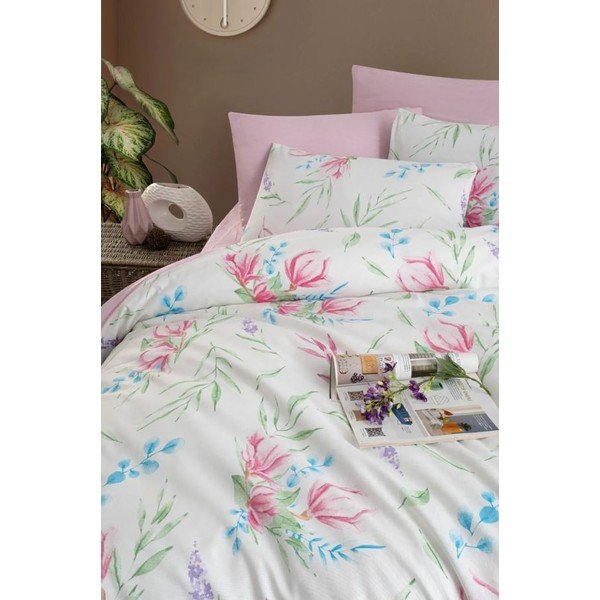 Biancheria da letto quadrupla estesa bianca e rosa per letto matrimoniale con lenzuolo 200x220 cm Leaves - Mila Home-image-1