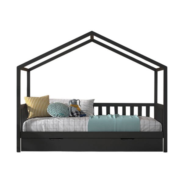 Letto per bambini in legno di pino antracite con letto estraibile e contenitore 90x200 cm DALLAS - Vipack