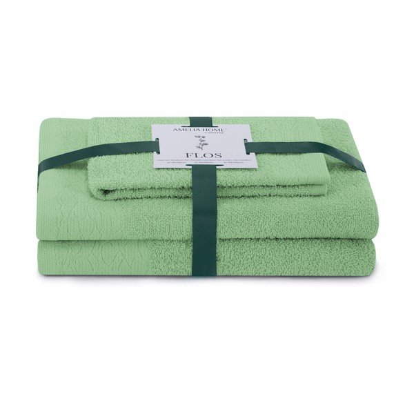 Set di asciugamani per viso e corpo tipo terry verde chiaro in cotone 3 pz Flos – Restilo