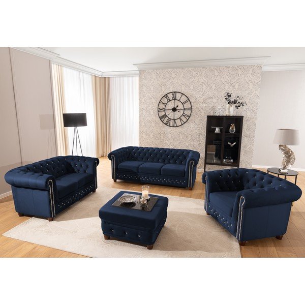 Poltrona chesterfield blu con rivestimento in velluto York Blik – Ropez-image-3