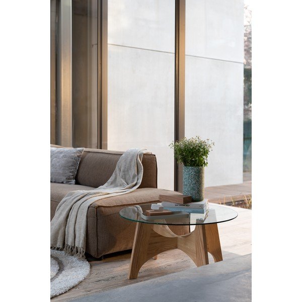 Tavolino da salotto rotondo di colore naturale con piano in vetro ø 80 cm Kobe – Zuiver-image-1
