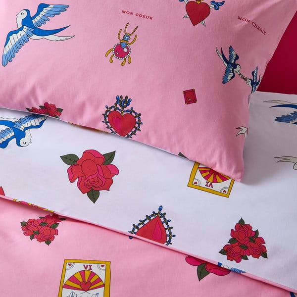 Set copripiumino e federa bianco e rosa in cotone per letto singolo 135x200 cm Mon Coeur – Their Nibs-image-4