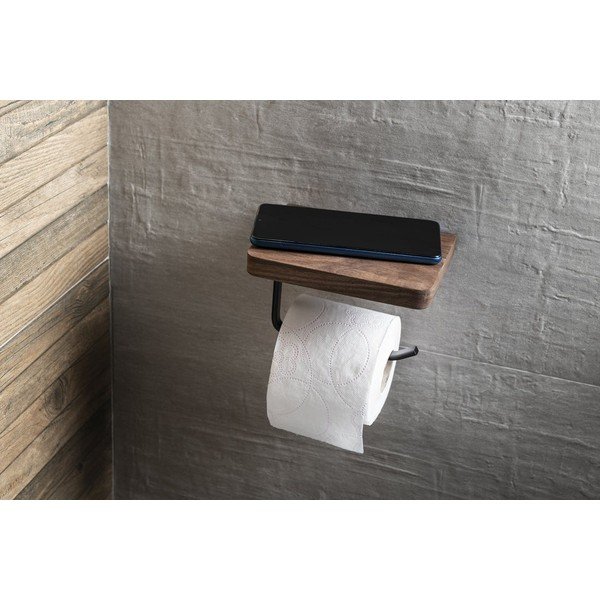 Porta carta igienica a parete in legno marrone con ripiano - Sapho-image-2