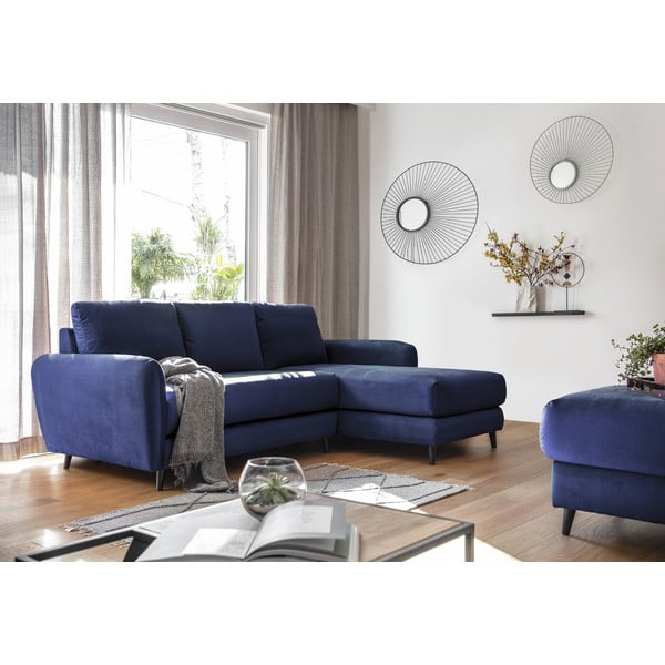 Divano angolare in velluto blu navy con poggiapiedi, angolo destro Cosy Claire - Miuform-image-4
