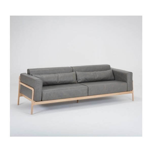 Divano in pelle di bufalo grigio scuro con struttura in rovere massiccio , 240 cm Fawn - Gazzda-image-1
