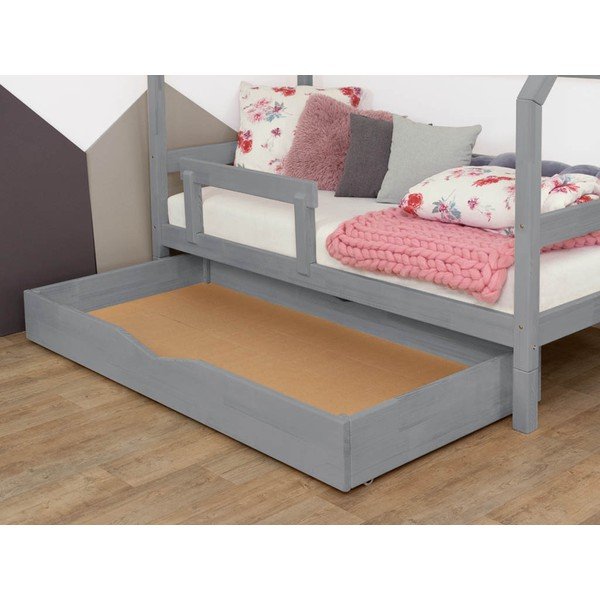 Cassetto in legno grigio sotto il letto con griglia e fondo pieno Buddy, 70 x 140 cm - Benlemi-image-1