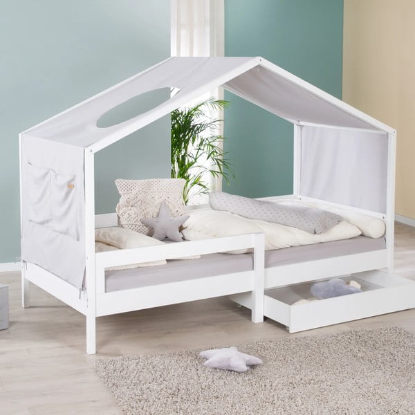 Letto da bambini a forma di casa bianco in legno massiccio con contenitore con rete inclusa 90x200 cm – Roba-image-3