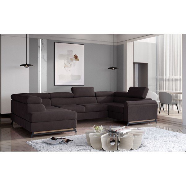 Divano angolare marrone scuro allungabile/con contenitore (con penisola a sinistra/a U) e rivestimento in velluto Escada – ELTAP-image-1