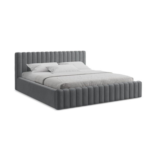 Letto matrimoniale imbottito grigio con contenitore con rete inclusa 140x200 cm Lemi – Makamii