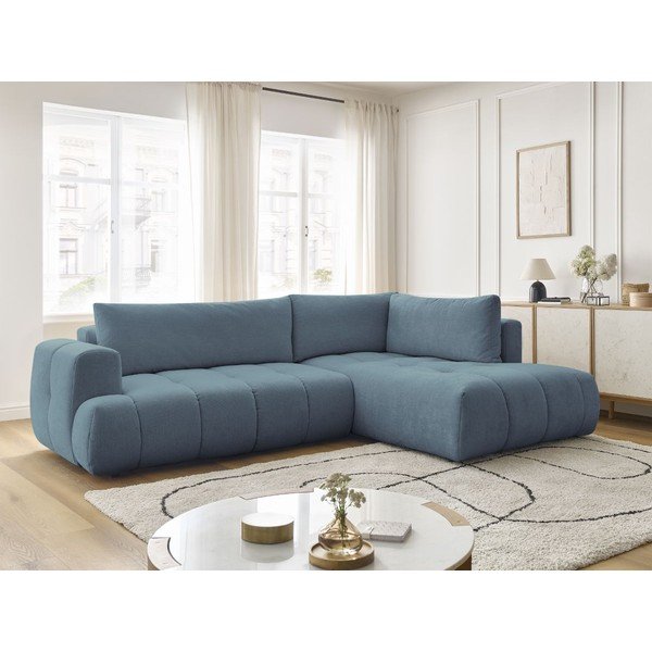 Divano angolare blu allungabile e con contenitore (penisola a destra/a L) con rivestimento in ciniglia Fuji – Bobochic Paris-image-1