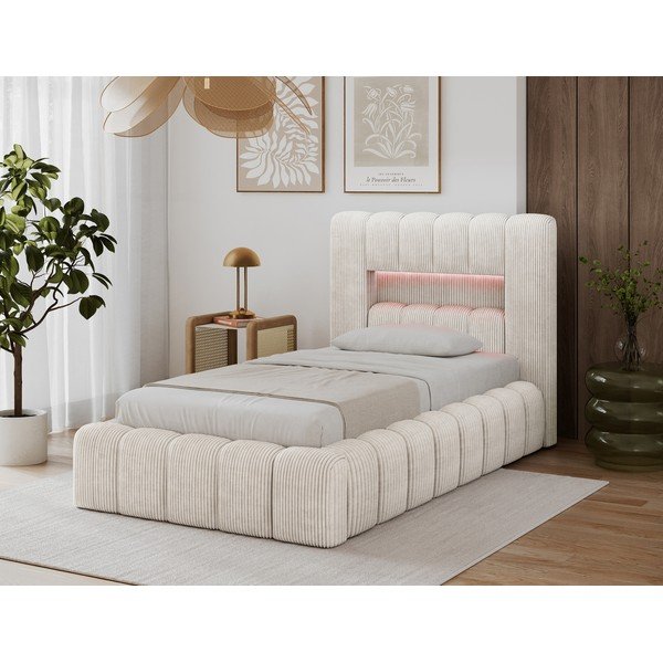 Letto singolo imbottito beige con contenitore con rete inclusa 90x200 cm Lamica – ELTAP-image-1